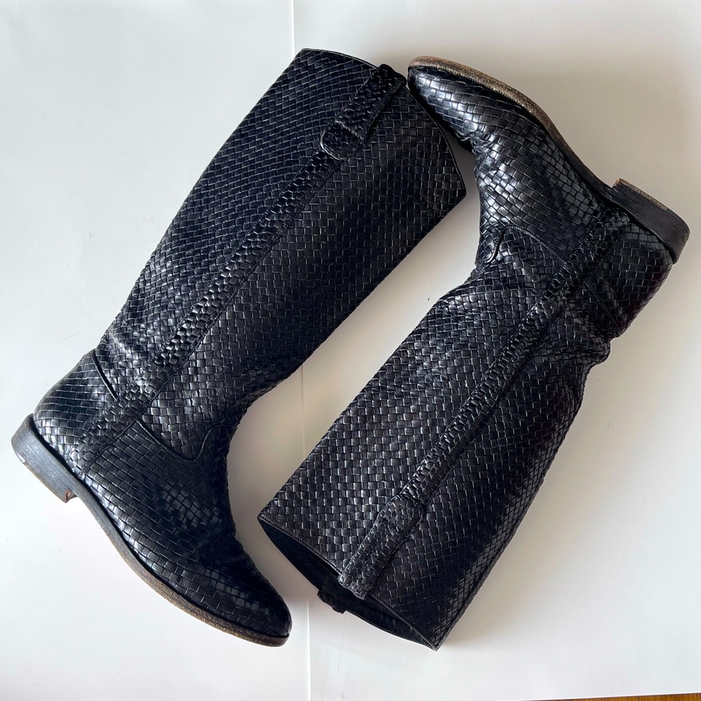 Cole Haan Country Tall Basket Weave Tall Black Leather Boots Size 6.5 B